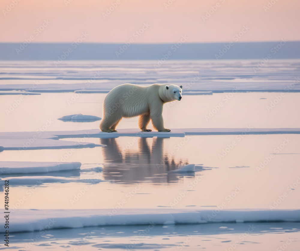 Polar bear on ice floe. Climate change and and global warming warming concept.