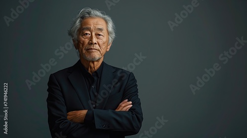 Senior man with silver hair and beard, donning a black suit. photo