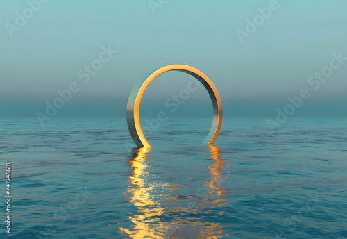 a golden ring in the middle of the water against a background of white clouds