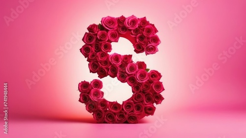 Letter c lined with red roses on a pink background.Concept for birthday and March 8th.