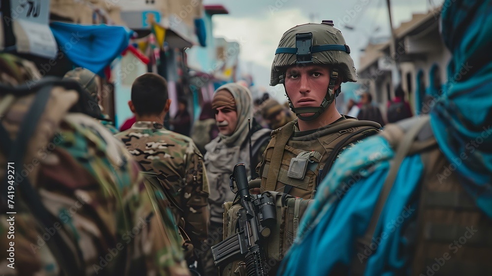 Focused soldier on patrol in urban environment with teammates, military operation, candid look. realistic scenario depicted in contemporary style. AI
