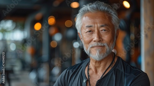 Smiling senior Asian man in a fitness center.