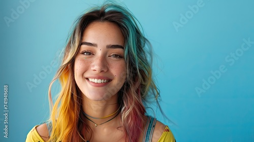 Happy woman with multicolored hair, blue backdrop.