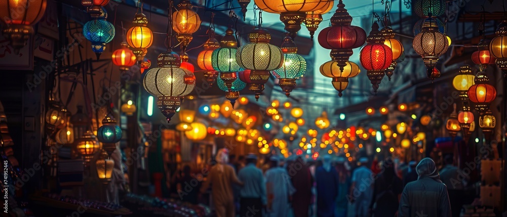 Lanterns hanging in a marketplace, symbolizing the festive atmosphere of Eid Mubarak and the joyous end of Ramadan