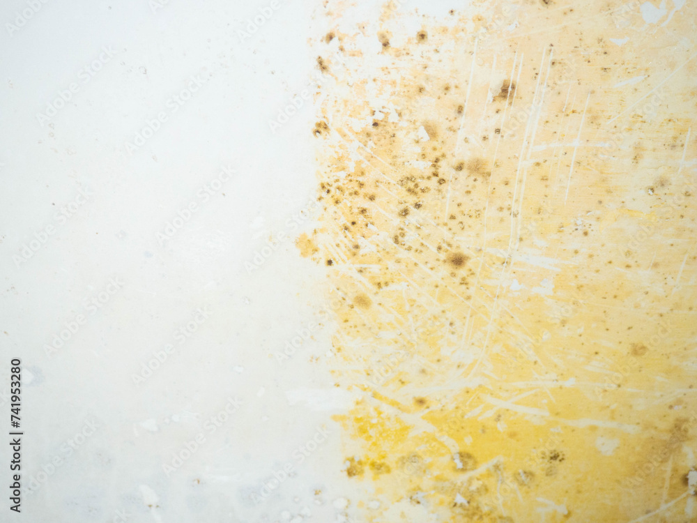Contrast between clean and dirty. Mold and plaque on bathroom enamel. Dirt and infection. Needs cleaning. Mud cleaning concept. Contrast between clean and dirty. Mold and plaque on bathroom enamel. Dirt and infection. Needs cleaning. Mud cleaning concept.