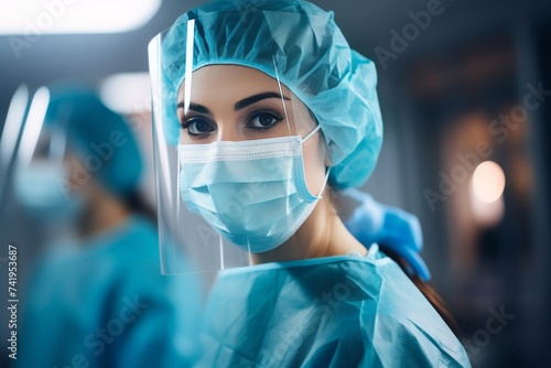European female surgeon wearing protective mask in operating room environment for surgical procedure