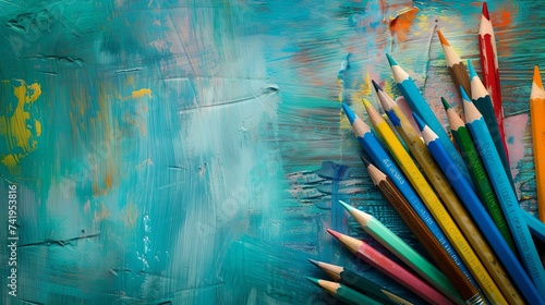 Colorful pencils on a blue textured backdrop. creative concept, artistic style. ideal for educational content. AI