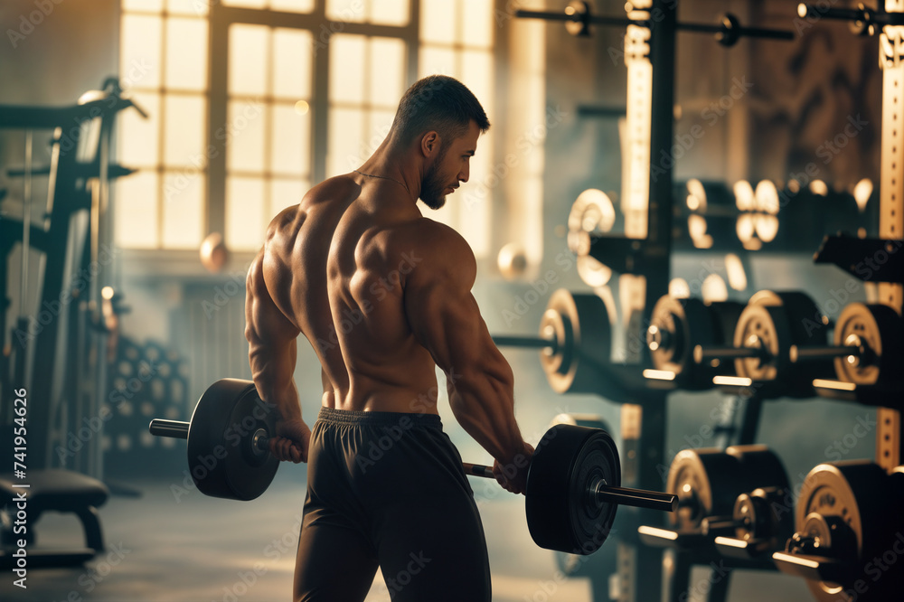 A handsome man working out with dumbbell in the gym - obrazy, fototapety, plakaty 