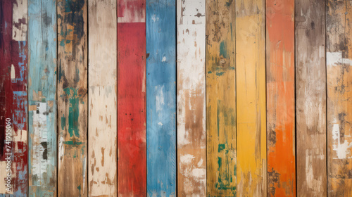 Vintage wood planks texture background, old grungy color painted boards. Rough wooden wall, worn multicolored surface. Theme of nature, material, grunge, colorful pattern