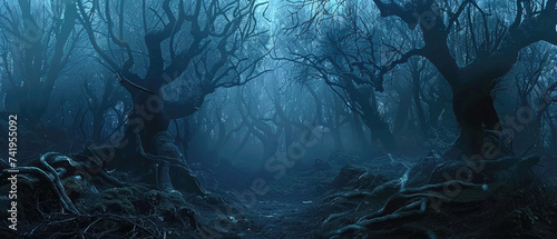 Dark creepy woods, scary gloomy forest at night. Cinematic landscape with spooky dry crooked trees. Concept of fantasy, fairy tale, enchanted nature, mystery, background