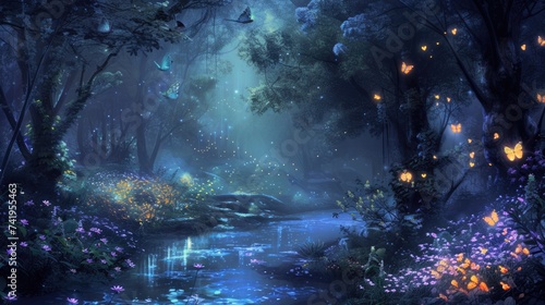 An enchanted forest at night  with glowing flowers  a sparkling river  and mystical creatures lurking in the shadows. Resplendent.