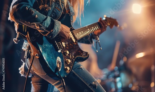 A young stylish woman musician in a jeans handle guitar performing on a big club stage