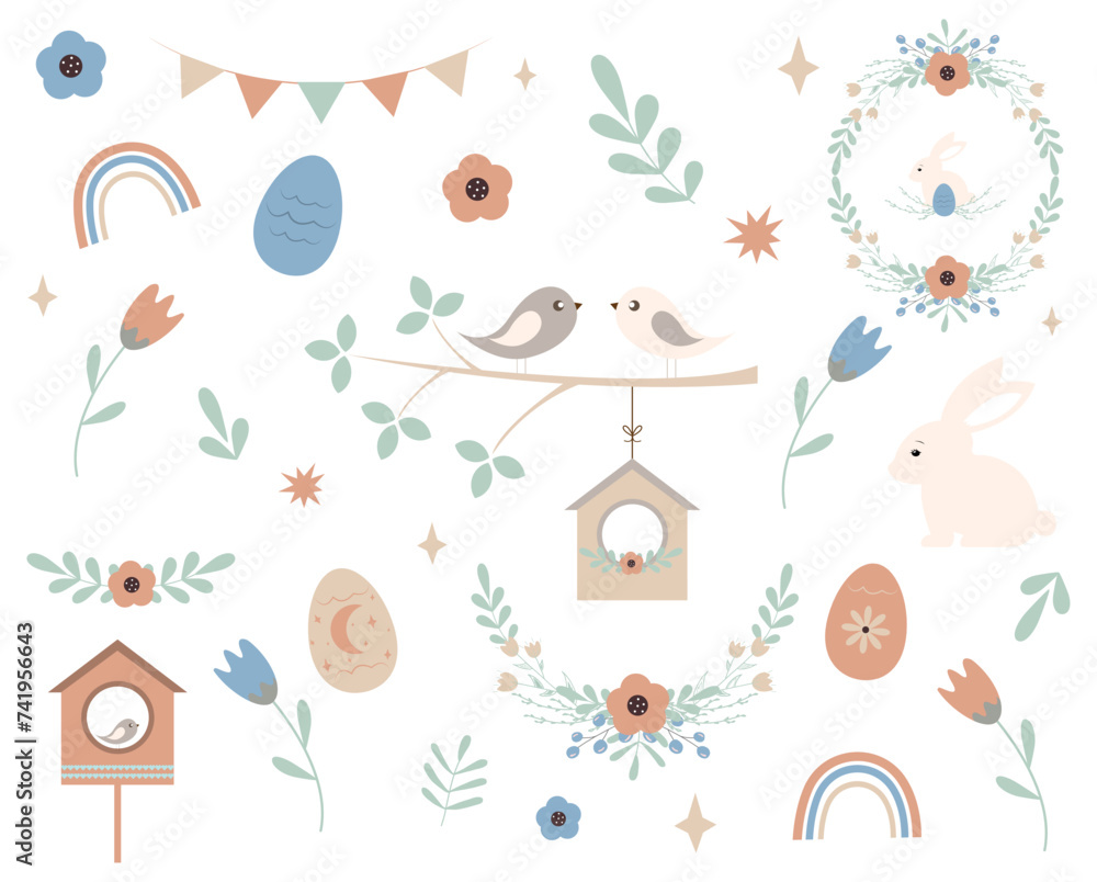 Set of Easter design elements with flower wreaths,eggs,rabbit,birds,birdhouses,leaves and flowers.Suitable for decorating posters,banners,wallpaper,postcards,printed products. Vector illustration.