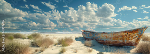 Barco oxidado abandonado en un desierto arenoso bajo un cielo nublado photo