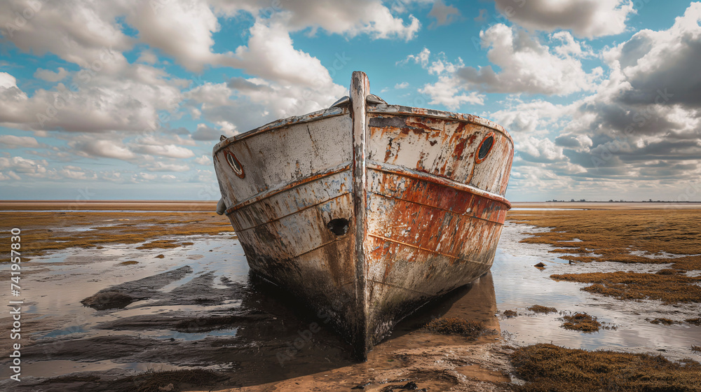 Barco oxidado abandonado en un desierto arenoso bajo un cielo nublado