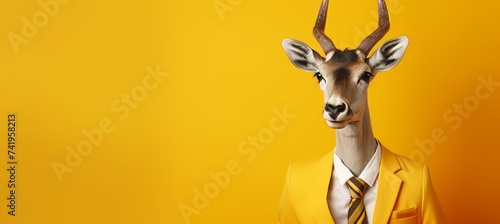 Anthropomorphic deer in business suit working in corporate setting, studio shot with copy space