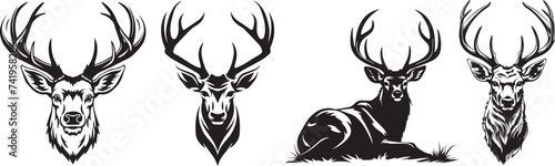 deer head and whole body of lying deer with big antlers, black and white vector silhouette