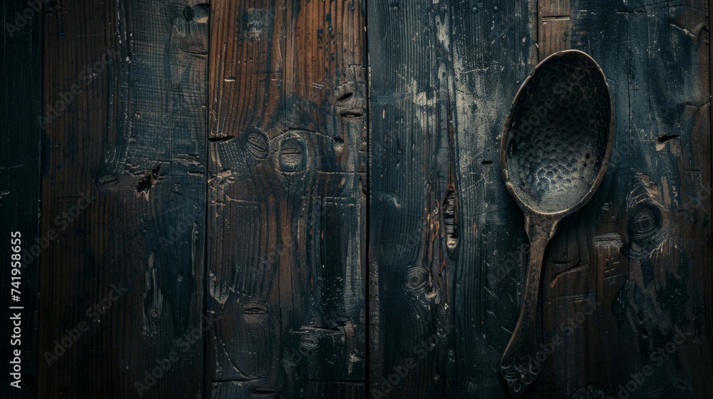 top view of a wooden spoon, on a wooden table generative ai top view of a wooden spoon, on a wooden table generative ai