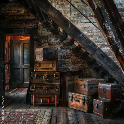 Vintage Luggage Stacked in a Rustic Loft Interior