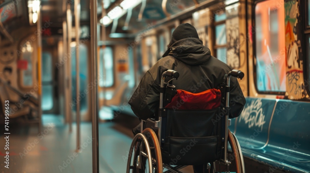 Obraz premium A stylishly dressed individual in a wheelchair navigates the bustling city streets, finding solace and freedom on a crowded subway train
