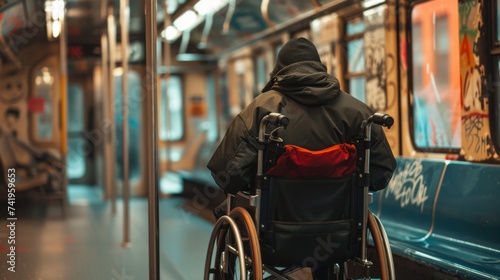 A stylishly dressed individual in a wheelchair navigates the bustling city streets, finding solace and freedom on a crowded subway train
