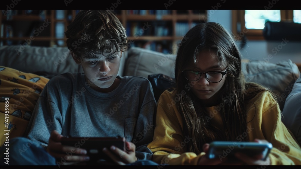 Teenagers absorbed in their mobile phones for gaming and social media. Siblings or friends engaging in screen time together at home.