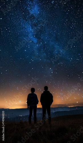 Couple stargazing into the Milky Way galaxy on a tranquil night. Silhouetted pair enjoying a romantic night under a starry sky landscape.
