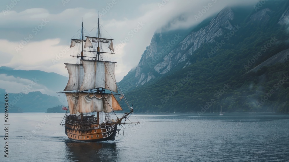 Fototapeta premium Pirate ship sailing on the sea generative ai