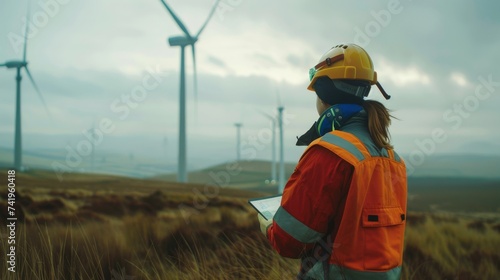 Amidst the open field, a determined woman in her protective gear stands confidently, overseeing the majestic wind turbines as they harness the power of the sky