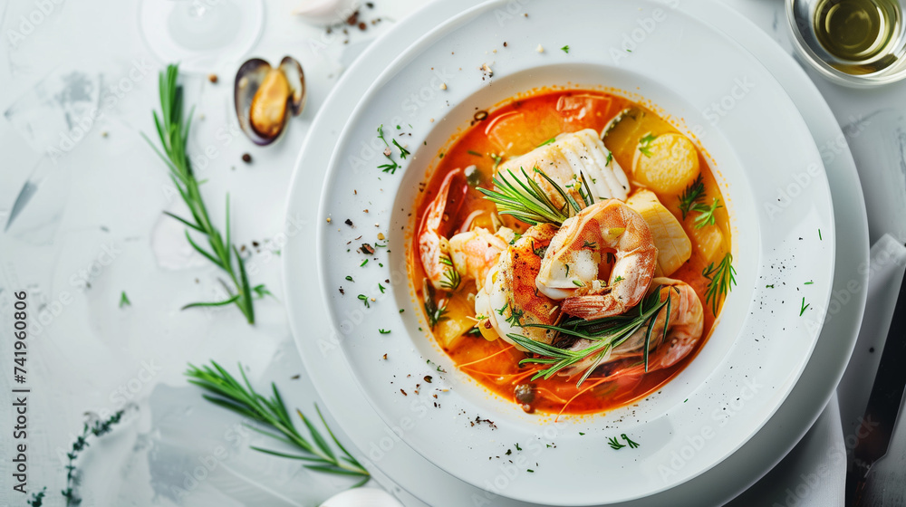 Bouillabaisse provençale, exemple de soupe de poissons typique du sud de la France, gastronomie française aux fruits de mer - obrazy, fototapety, plakaty 