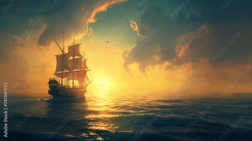 Pirate ship sailing on the sea generative ai