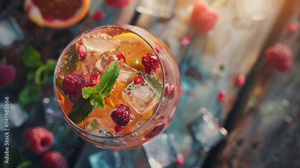 Refreshing Summer Fruit Cocktail with Ice and Mint