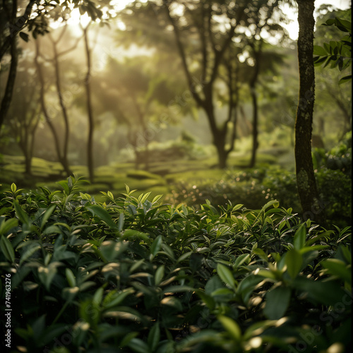 Serene Sunrise Over Lush Tea Garden Landscape