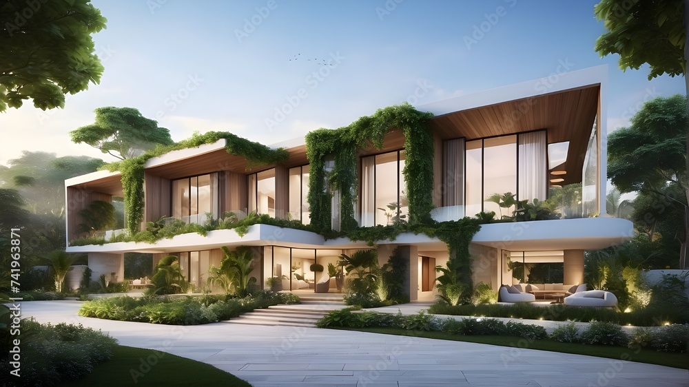 Escape to a tranquil and idyllic lifestyle, surrounded by lush greenery and breathtaking landscapes, brought to life through a unique and creative rendering style.