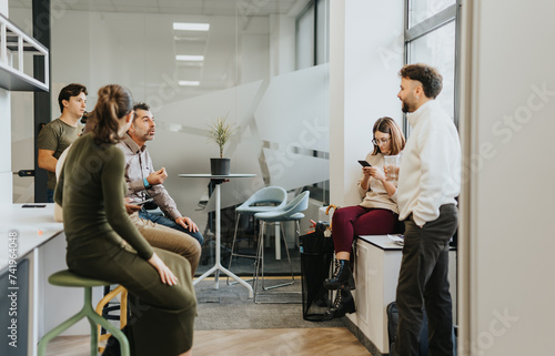 Colleagues collaborating in a corporate office, discussing business growth, market expansion, and profitability.