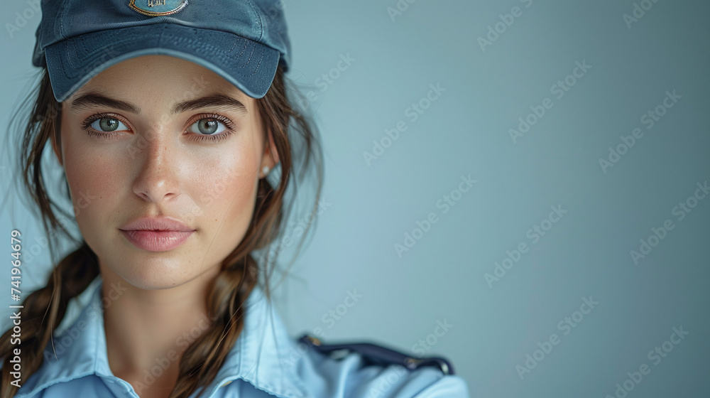 Police girl in uniform on a light blue background Police girl in uniform on a light blue background