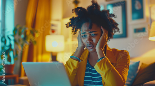 A black woman working late night, frustrated