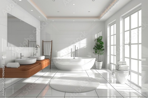 Contemporary bathroom interior in white with minimalist decor 3D render