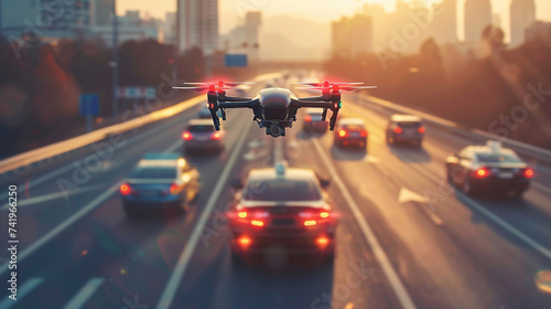 Eco-Friendly Transportation: Highlight the environmental benefits of autonomous vehicles with images of electric-powered self-driving cars and drones. Generative AI photo