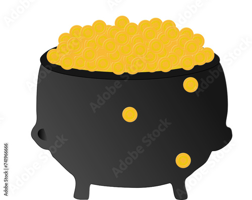 Cauldron full of gold coins, pot with doubloons with drawn shamrocks- Happy St. Patrick's Day, holiday vector graphics, ideal for greeting cards, advertising, banners, prints, cricut, sublimation

 