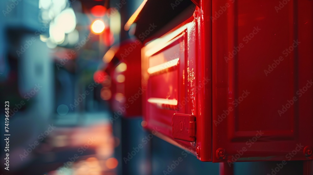 American-style glossy red mailbox repetition with a blurred backdrop for mail - obrazy, fototapety, plakaty 