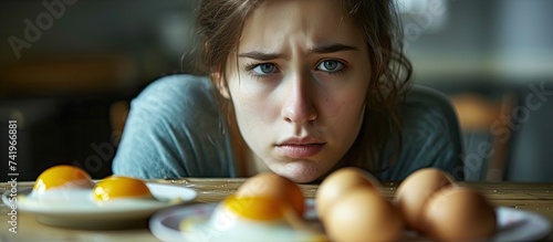 A woman is seated at a table, with a variety of eggs in front of her. She appears cautious, possibly due to a known allergy to eggs, and is not engaging with the food. photo