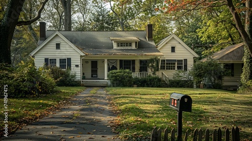 Medium shot, front with a front mailbox, back with an American house