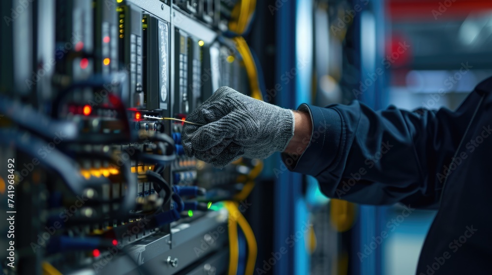 A man in electric blue engineering attire is performing gestures while working on a server in a data center. AIG41 - obrazy, fototapety, plakaty 