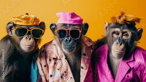 Ape in a group, vibrant bright fashionable outfits isolated on solid background advertisement, copy text space. birthday party invite