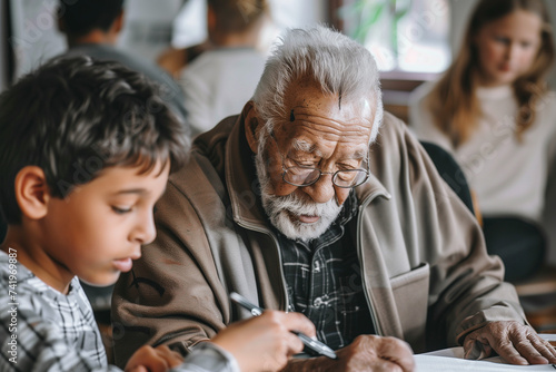 An older individual mentoring a younger person, with both engaged in a learning or teaching activity. This symbolizes the passing on of knowledge, support, and collaboration across generations