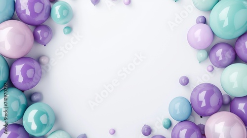 balloon banner green purple border frame on white background. copy space concept of spring sale grand opening, Easter ad, birthday poster