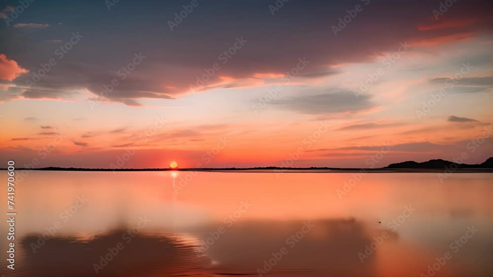 Video shows a sunset casting its warm glow over a calm body of water with majestic mountains in the background Video shows a sunset casting its warm glow over a calm body of water with majestic mountains in the background