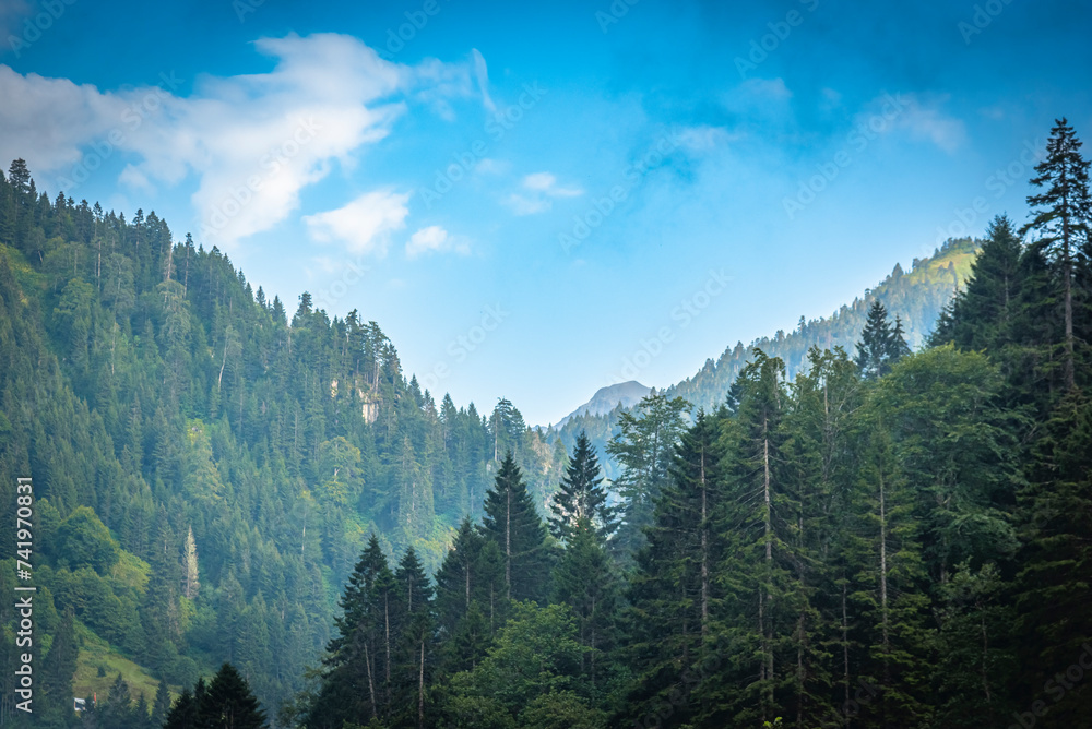 Fototapeta premium Various images from the Black Sea plateaus mountain peaks plateau houses clouds streams waterfalls lakes day and sunset colors