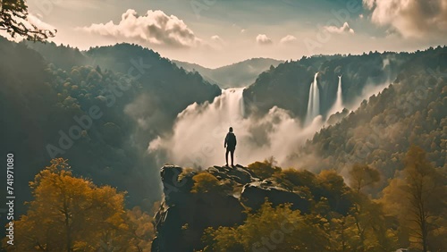 Lone man stands at edge of cliff, gazing at a massive waterfall below. The rushing water creates a stunning backdrop against the rocky terrain photo